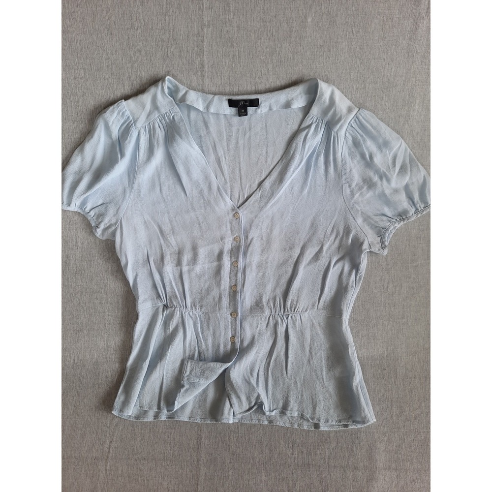J. Crew Women Medium Blouse Pure Viscose Button Front Puff Sleeves Light‎ Blue